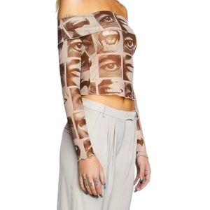 NWT Pretty Garbage Eye Print Off Shoulder Mesh Top Long Sleeve Size Small